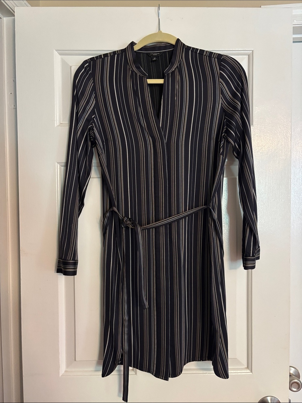 Ann Taylor Navy and Pintriped Mini Dress with Tie Waist